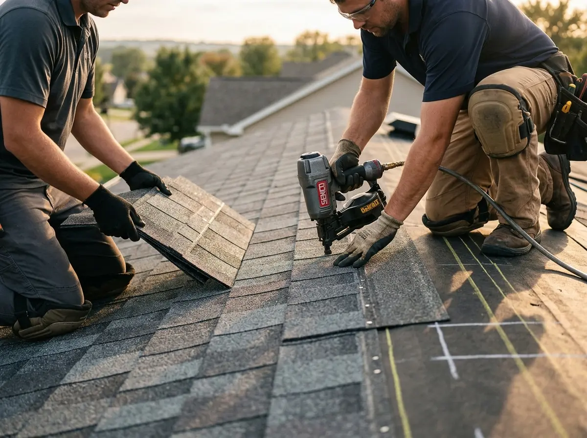 Professional roofer working on a residential roof in Mammoth Lakes